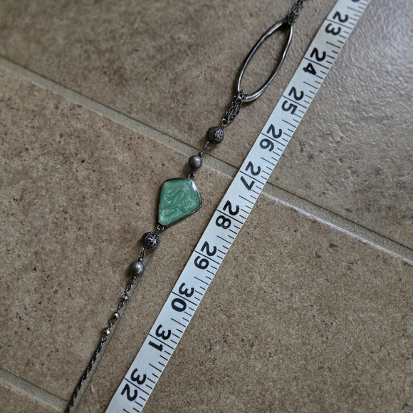 Necklace Green Stone in Silver tone Setting Chain Beads Long 38" - Picture 12 of 12